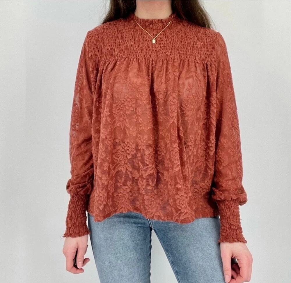 Anthropologie Boho lace high low long sleeve high neck top. Rust color women XS